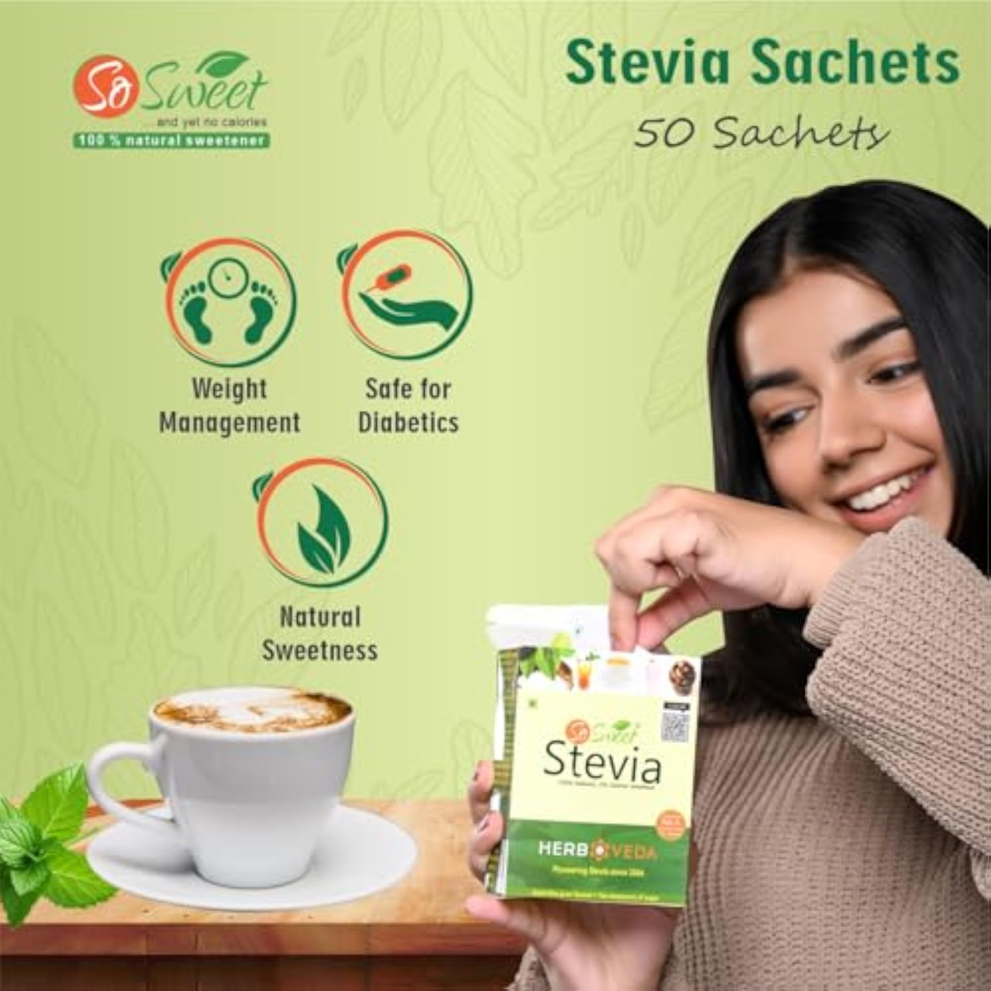 Stevia Sachets, 50 Sachets, Zero Calorie Sweetener
