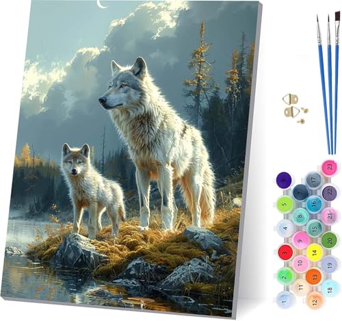 Pintar por Numeros Adultos Lobo, Pintar por Numeros Animal, DIY Paint by Numbers Adult Kit con Pinceles y Pigmento, Paint by Numbers Para Cuadros Decoracion Salon Modernos, Regalo Mujer 30x40cm E-1760