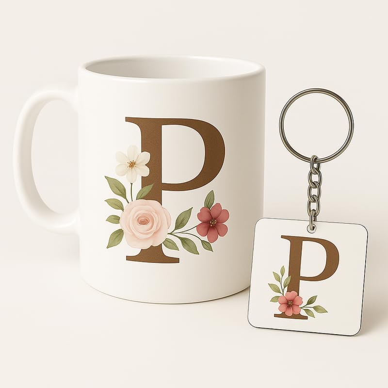 Image of Letter P Mug and Keychain Set - Elegant Floral Monogram Gift for Her /Him - Coffee Cup and Key Ring with Initial P - Coffee Mug for Everyone Any Occasion 4646 16