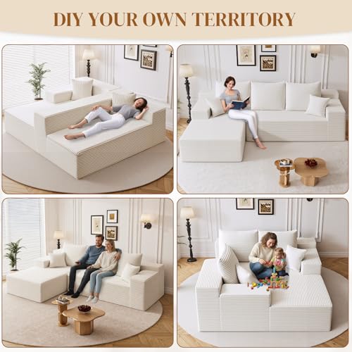Image of 108 inch L Shaped Boneless Sectional Couches for Living Room, Comfy Corduroy Floor Cloud Sofa with Chaise, Wide Armrest, Deep Seat, Memory Foam, Assembly Free, Ideal for Small Spaces, White