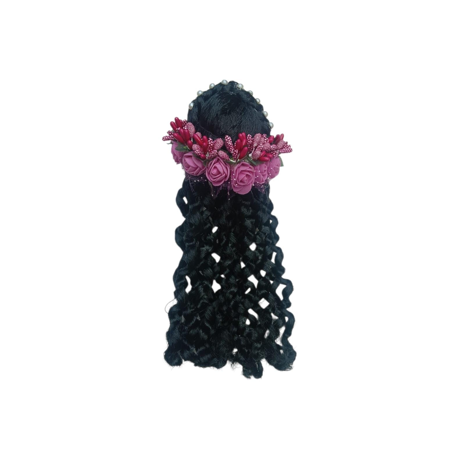 Sugandhit Handcrafted Radha Rani Long Decorated Curly black flower decorated hair for all size Devi idol -Long Decoration Wig for use any festivals and daily use (9-inch Female God idol)-image-9