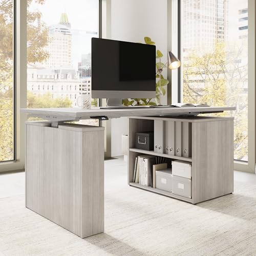 Image of Bush Business Furniture 60-inch Electric Height Adjustable Standing Desk with Bookcase, Ergonomic Sit-Stand Computer Table for Office, Stratus Collection, Platinum Gray with Metallic Gray Base