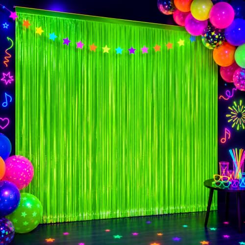 Image of 2 Pack Glow in The Dark Curtains Party Supplies 6.6 x 3.3 Ft Glow Tinsel Foil Fringe Curtains Photo Booth Prop Backdrop Streamer for Birthday Holiday Neon Party Decorations