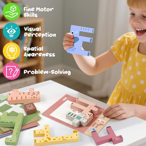 Image of Vileafy Wooden Animals Toys for Toddlers 3-5, Balance Match Stacking Game | Montessori Brain Toys with Challenge Cards for Boys and Girls Gifts, Preschool and Kindergarten Animals Puzzle Stacking Toys