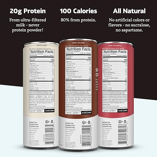 Image of Slate Milk - High Protein Milk Shakes -Neapolitan Variety Pack -Classic Chocolate, Classic Strawberry, French Vanilla -Lactose Free, 20g Protein,1g Sugar,100 Calories,1-2g Net Carbs -11 fl oz,12 Cans