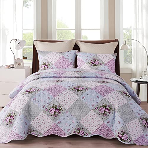 SUCHDECO Colchas Cama 135 cm de Verano Boutí Edredón Acolchado 220 x 240 cm con 2 Fundas de Almohada 50 x 70 cm Cubre Cama Sofa Floral Violeta