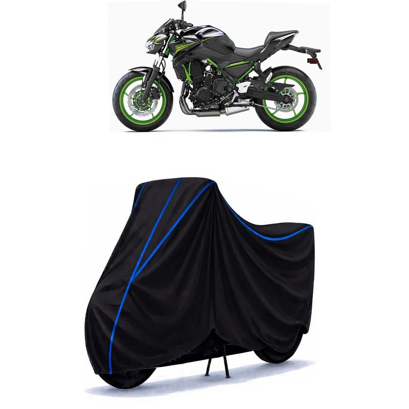 Image of Z 650 Bike Cover Water Resistant Universal Motorcycle Rain | Heavy Duty UV Protection, Dust, Scratch Indoor Outdoor All Weather with Black Blue Piping Elastic