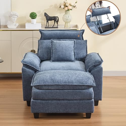 Image of 46''Cloud Oversized Sofa Chair with Detachable Headrest, Upholstered Comfy Arm Accent Chair with Ottoman,Modern Chenille Reading Lounge Armchair for Living Room,Bedroom, Blue