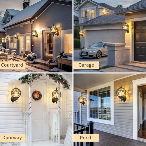 Dusk to Dawn Outdoor Wall Lights, Black Globe Aluminum Exterior House Lantern with Amber Glass, Anti-Rust Waterproof Outside Round Wall Lighting Fixtures for Patio Doorway Garage, 2 Pack