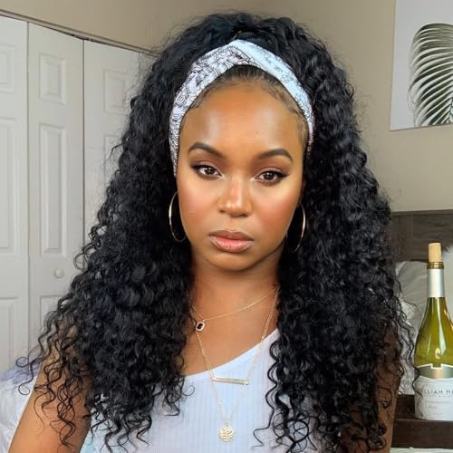 Image of Deep Wave Headband Wig Human Hair Curly Headband Half Wigs Machine Made Glueless None Lace Front Wig Brazilian Virgin Human Hair for Black Women Natural Color 150% Density 24Inch