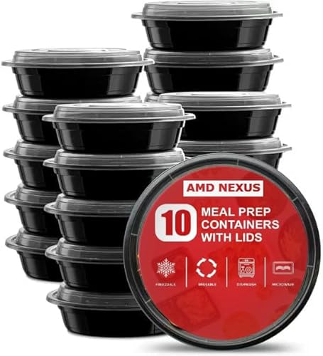 AMD Nexus (10 Pack, 32oz) Round Plastic Meal Prep Containers- Reusable BPA Free Food Containers with Airtight Lids - Microwavable, Freezer and Dishwasher Safe