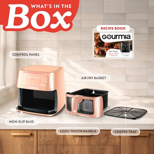 Image of Gourmia 8 Qt Air Fryer, 8 Presets with Digital Display, FryForce 360 Technology, Easy View Window & Interior Light, Dishwasher Safe Basket, Peach