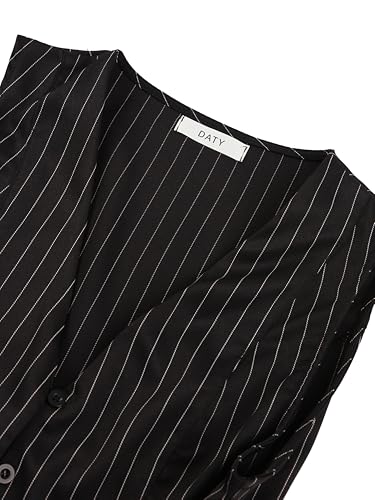 Image of MOD V-Neck Sleeveless Side Tie Waist Straight Pants Black Striped Suit Set,Back To School Preppy Tops 2pcs