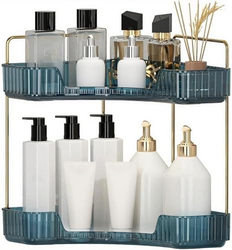 Corner Bathroom Countertop Organizer, Vanity Organizer Trays for Counter, Makeup Organizers, Perfume Tray, Skincare Shelf Storage Gifts for Women Girl Student (Blue, 2 Tiers)