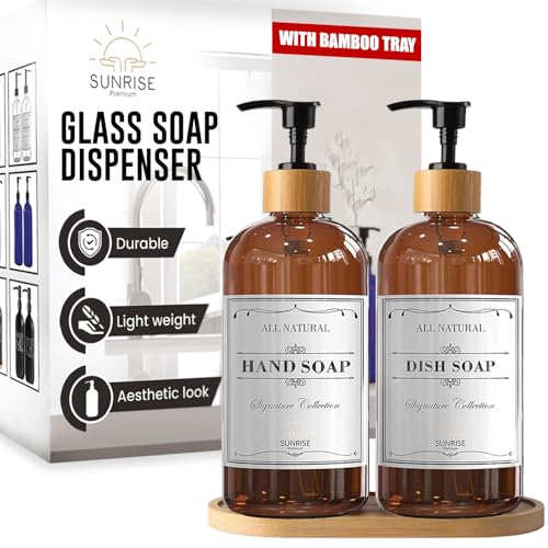 Image of Sunrise Premium 16 OZ Thick Amber Glass Soap Dispenser, Bamboo Pump with Tray 2 Pack, Hand and Dish Soap Dispenser Set for Bathroom with 6 Waterproof Labels