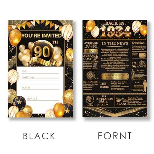 EUDOSI 90th Birthday Party Invitations - Back in 1934 Invites Black and Gold 90 Year Old Birthday Invitations Set for Bday Anniversary (20 Invitations and Envelopes)