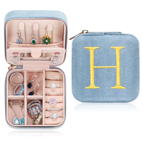 Parima Plush Velvet Travel Jewelry Case for Women - Small Travel Jewelry Case Organizer Blue Jewelry Box Birthday Mom Friends Female Her Teenage Girls Gifts Idea, Vacation Travel Essentials Initial H
