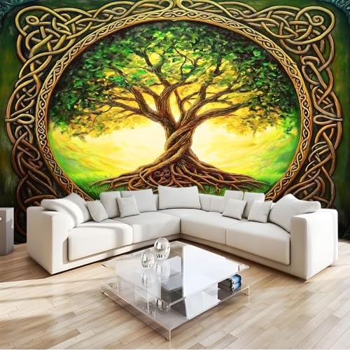 Fotomurales Fotos De Fantasía Con Árbol De La Vida Y Luz Solar Papel pintado mural 200 x 140 cm tejido no tejido, Arte Papel tapiz mural Verde Moderna Decoración De Pared Sala Oficina Salón