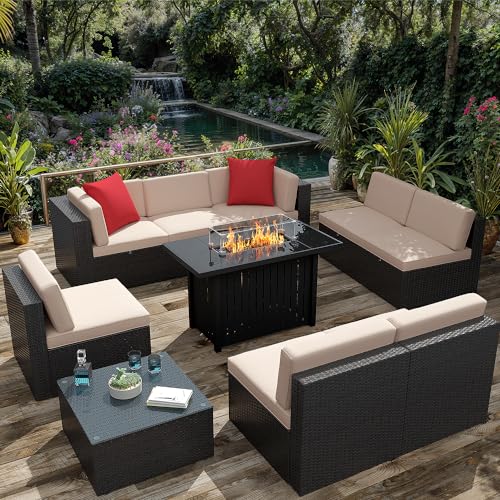 Image of Greesum Patio Furniture Sets 10-Pieces Outdoor PE Rattan Sectional Sofa w /43in Gas Fire Pit Table 55000 BTU Add Warmth to Gatherings Parties On Deck Garden Backyard,Beige