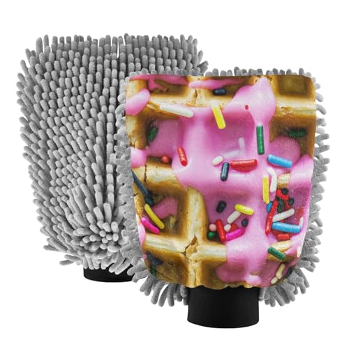 Kigai Delicious Waffles Car Wash Mitt Microfiber, 2Pcs Scratch Free Lint-Free, Premium Chenille Microfiber Mitt Car Wash Brush-L