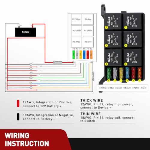 Image of Nilight 12V Fuse Relay Box 6 Relays 4pin 40A 6 Fuses Pre-Wired Block Kit | 6-Way ATC /ATO Blade Fuses Holder 12AWG Pre-Wired Relay Box Universal for Automotive Car Truck Camper Boat