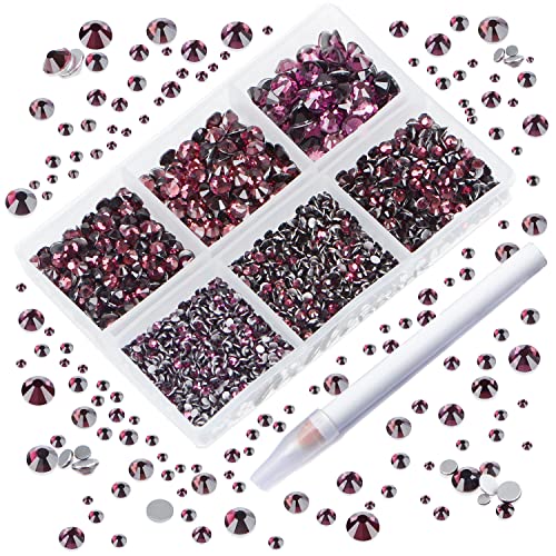 AD Beads 4300 Pieces Flat Back Nail Art Rhinestones Round Beads 6 Sizes (2-6.5mm) with Storage Organizer Box,Rhinestones Picking Pen for Nail Art Phone Decorations Crafts DIY (Amethyst)