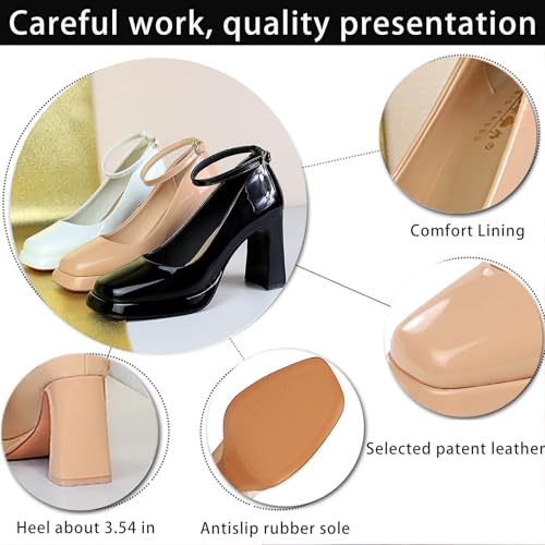 Women's Fashion Patent Leather Chunky High Heel Dress Pumps Comfort Closed Square Toe Adjust Ankle Strap Platform Mary Jane High Heels for Casual Work Wedding3