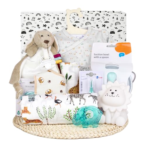 PEKEL'S Canastilla para Bebé Recién Nacido - Caja de Regalo Unisex para Niño o Niña con Body de Algodón, Muselina, Babero, Peluche y Accesorios