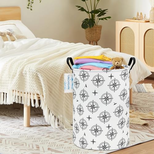 Image of Laundry Basket Canvas Fabric Collapsible Organizer Basket for Storage Bin Toy Bins Gift Baskets Bedroom Clothes Children Nursery Hamper (Black Compass)