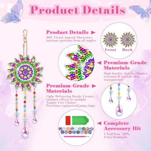 4pcs Diamond Art Kits for Kids/Adults, Arts and Crafts for Kids Ages 8-12, Birthday Gifts for 6 7 8 9 10 11 Year Old Girl, Paint by Numbers Kit for Kids Wind Chimes Gem Art Crystal Window Sun Catcher - Image 7