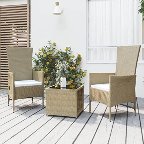 HGBNMER Salon de jardin 3 pièces en polyrotin avec fonction allongée, chaise de jardin beige, structure en acier et table en verre trempé, dossier réglable, coussin d'assise épais rembourré, facile