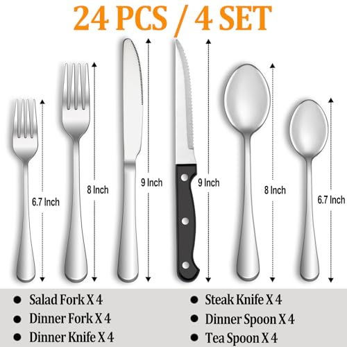 24 Pcs Silverware Set with Steak Knives Service for 4,Stainless Steel Flatware Set,Mirror Polished Cutlery Utensil Sets,Home Kitchen Eating Tableware,Include Fork Knife Spoon,Dishwasher Safe by MUTNITT - Image 2