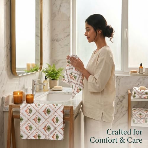 Image of Mafatlal Madhuban Lightweight Waffle Cotton Set (1 Bath 147x76 cm + 2 Hand 76x38 cm) | 250 GSM | Soft, Hand Printed Floral | Foliage Color