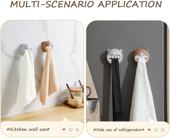 4 Pack Cute Bear Towel Hooks - Adhesive Kitchen & Bathroom Towel Holder, No Nail Wall Mount for Dish Towels, Hand Towels, or Washcloths, Perfect for Cabinet, Fridge Side, or Countertop Storage