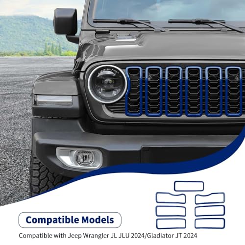 Image of JeCar Front Grille Inserts Grill Frame Trim Covers Exterior Accessories Compatible with Jeep Wrangler 2024 JL JLU & Gladiator JT 2024, Blue