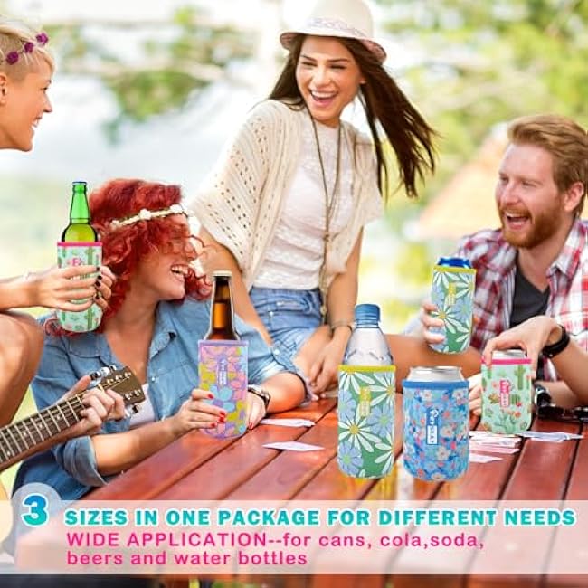 HEYSKAY Neoprene Can Sleeves 3 Sizes-12oz Standard Can Sleeves,12oz Slim Can Sleeve and 16oz Can Beer Coolers for Soda,Beer,Hard Seltzer,White Claw,Water Bottle and More(3 Pack,White Flower)