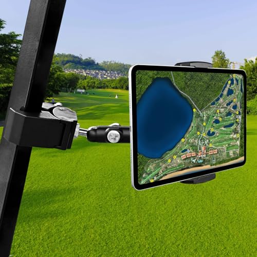 Urgown Golf Cart Tablet Holder Length Adjustable/360 Rotatable Golf Cart Pole Stand Clamp for 4-13 Devices Heavy Duty Golf Tablet Phone Mount Square Clip