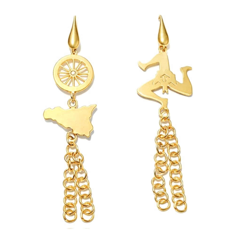 Orecchini Sicilia e Trinacria Pendenti Donna in Acciaio Inox Dorato – Orecchini Monachella Stile Siciliano – Gioiello Tradizionale Elegante per Amanti della Sicilia occ0447