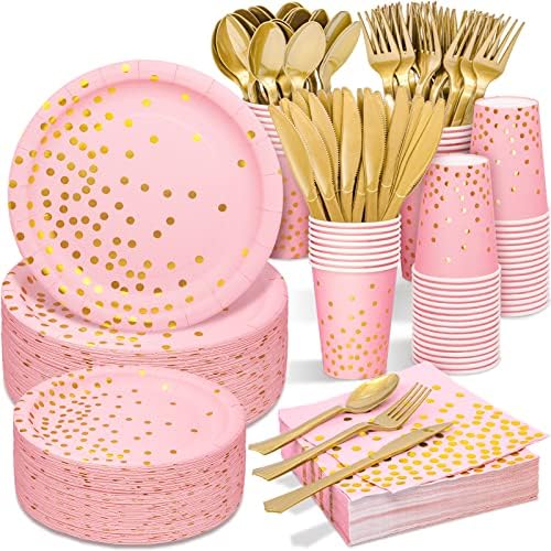 Pink & Gold Party Supplies - 350 PCS Disposable Dinnerware Set - Pink Paper Plates Napkins Cups, Gold Plastic Forks Knives Spoon for Birthday Baby Shower Valentine's Day Wedding Bridal Shower Party