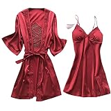 Satin Robes Set Women's Silk Pajama Set with Nightgown 2 Piece Sleepwear Sexy V-Neck Cami Nightwear