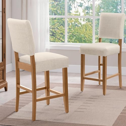 Image of Leick Home Brax Bar Stool, Upholstered Back and Seating, Wood Base, for Bars or Elevated Kitchen Counters, White Sands and Natural Wood, 2 Pack, 214478