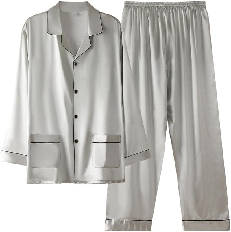 Pajamas for Men Spring and Long Sleeve Silk Ice Loungewear Thin Faux Suit