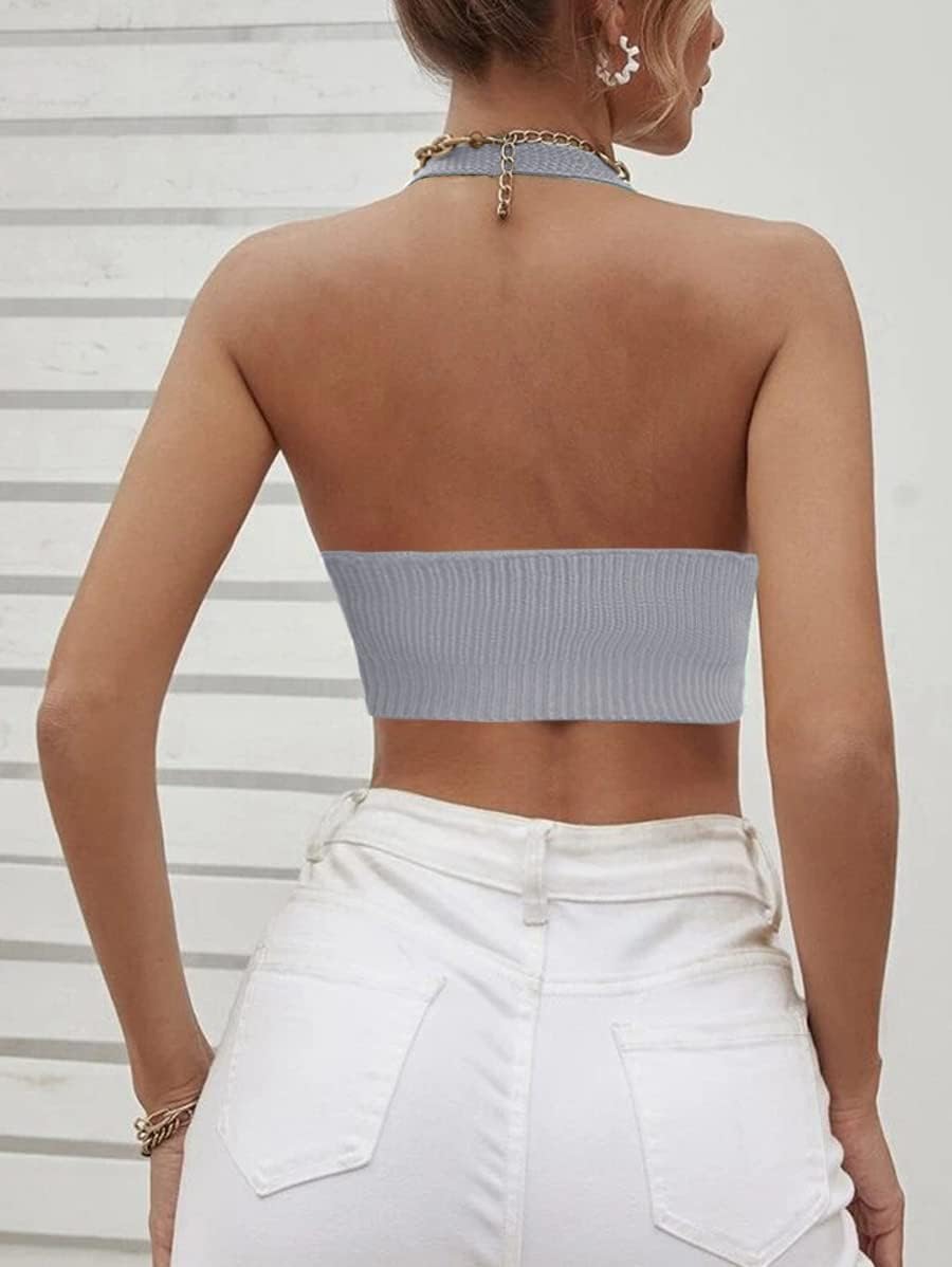Amarmia Women's Sexy Deep V Neck Crop Tops Halter Knit Ribbed Bow-Knot Front Backless Cleavage Cropped Tank Top - Image 3