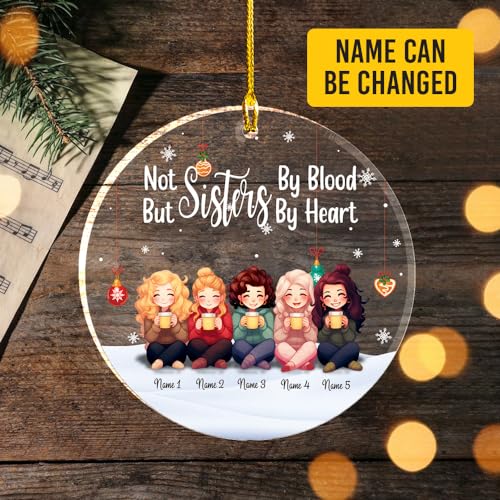 Sisters by Blood Hearts Clear Plastic Ornaments, Christmas Decorations Personalized Name Five Girls Wear Sweater Hat with Chocolate Cup Acrylic Ornaments, Gifts for Sister Friends Siblings Bestie2