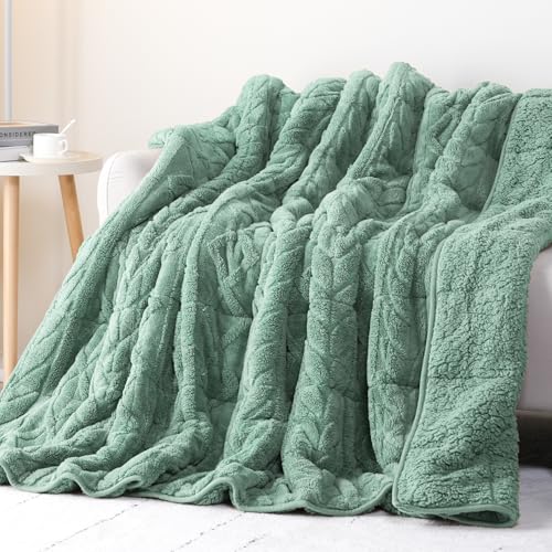 Image of Cottonblue Jacquard Weighted Blanket 15 lbs for Adults Queen Size, Ultra Soft Sherpa Fleece Blanket for Relax and Sleep, Cozy Comfort Heavy Bed Blankets with Glass Beads, 60x80 Inches, Sage Green