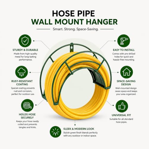 Image of Urban Plant Wall Mount Hose Hanger | Heavy-Duty Watering Hose Reel Holder for Garden, Outdoor, and Garage | Durable Metal Storage Hook for Hose Organization (Green)