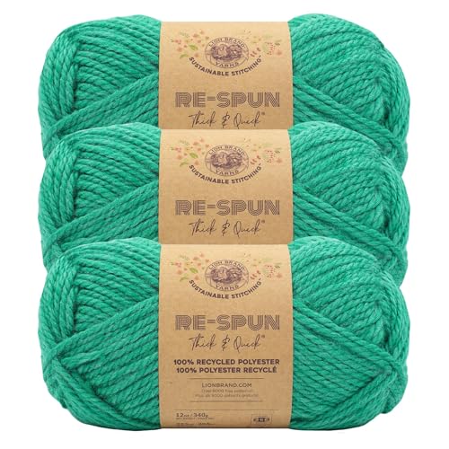 Image of Lion Brand Yarn, Re-Spun Thick & Quick Yarn, Jade, Green, 3 Pack