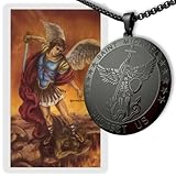 Montserrat Abbey Saint Michael Medal and Prayer Card Bundle – Laminated Holy Card with St. Michael Prayer and Black Stainless Steel Medal Necklace – Catholic Devotional Set for Protection and Prayer
