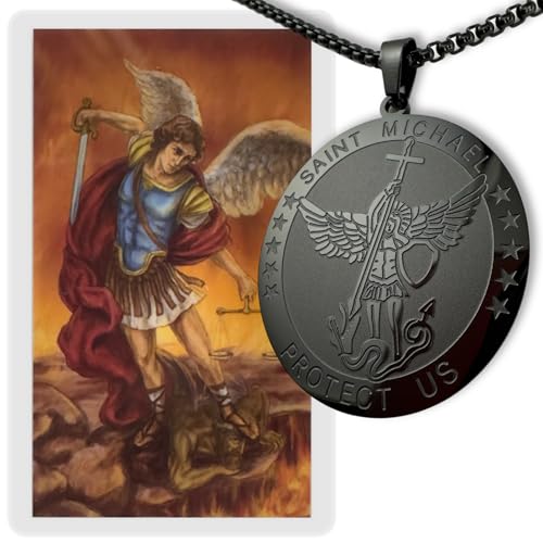 Saint Michael Medal and Prayer Card Bundle – Laminated Holy Card with St. Michael Prayer and Black Stainless Steel Medal Necklace – Catholic Devotional Set for Protection and Prayer