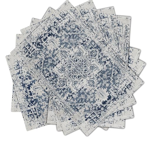 Image of Navy Blue Grey Ethnic Boho Placemats Set of 6 Bohemian Carpet Vintage Gray Linen Washable Kitchen Dining Table Mats Stain Heat-Resistant Desktop Decor Place Mats for Home Party Indoor 12x18 in